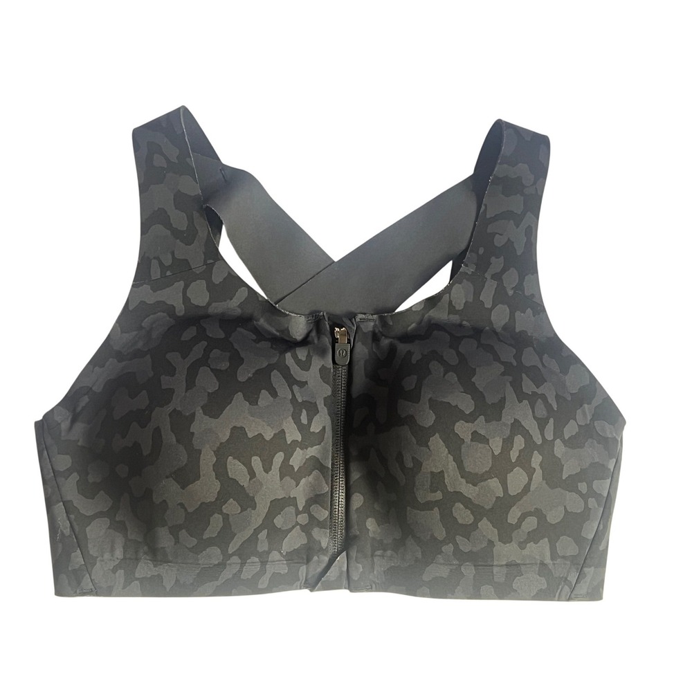 Lululemon Enlite Front Zip Sports Bra‎ 34C Black Grey Camo High Impact Running